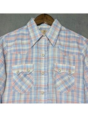 Dee Cee Brand Men 38 L Blue Plaid VTG 70s Pearl Snap Western Cowboy Sawtooth USA